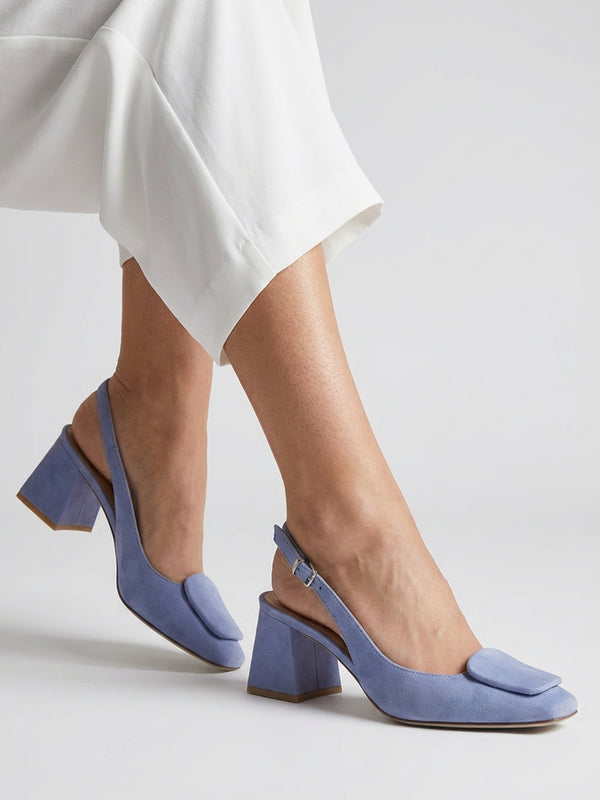 Nessie Blue Suede Block Heel Sling Backs