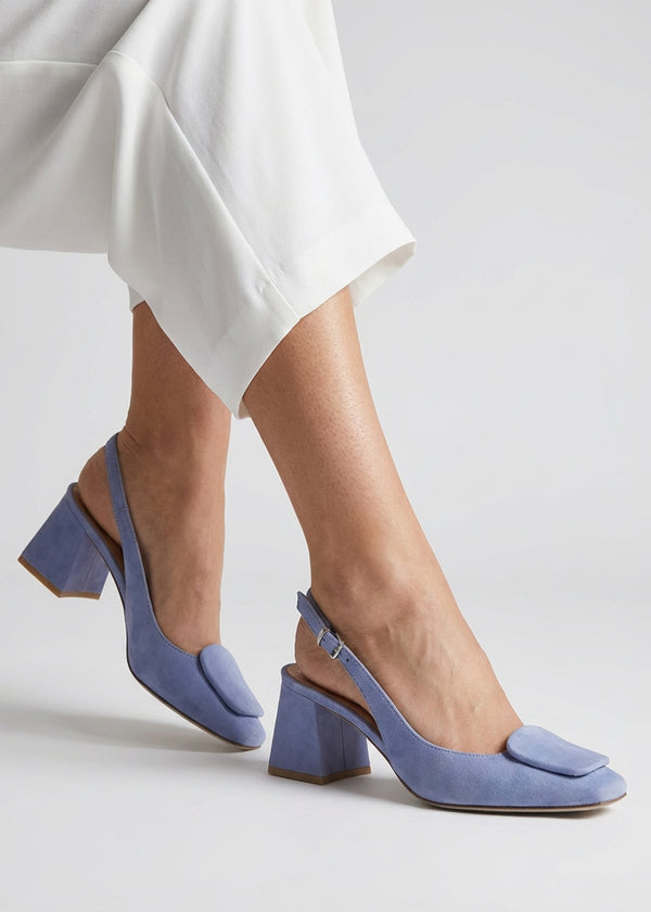Nessie Blue Suede Block Heel Sling Backs