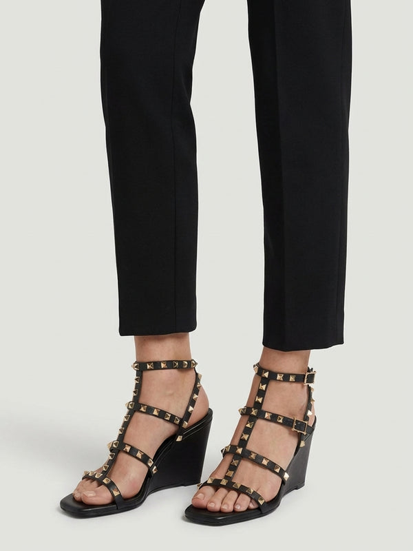 Pittedge Black Leather Studded Wedge Sandals