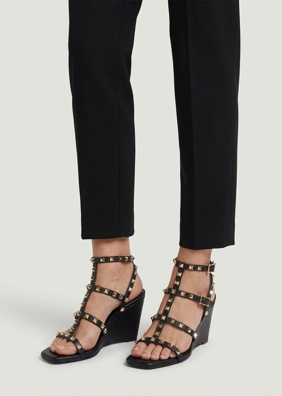 Pittedge Black Leather Studded Wedge Sandals