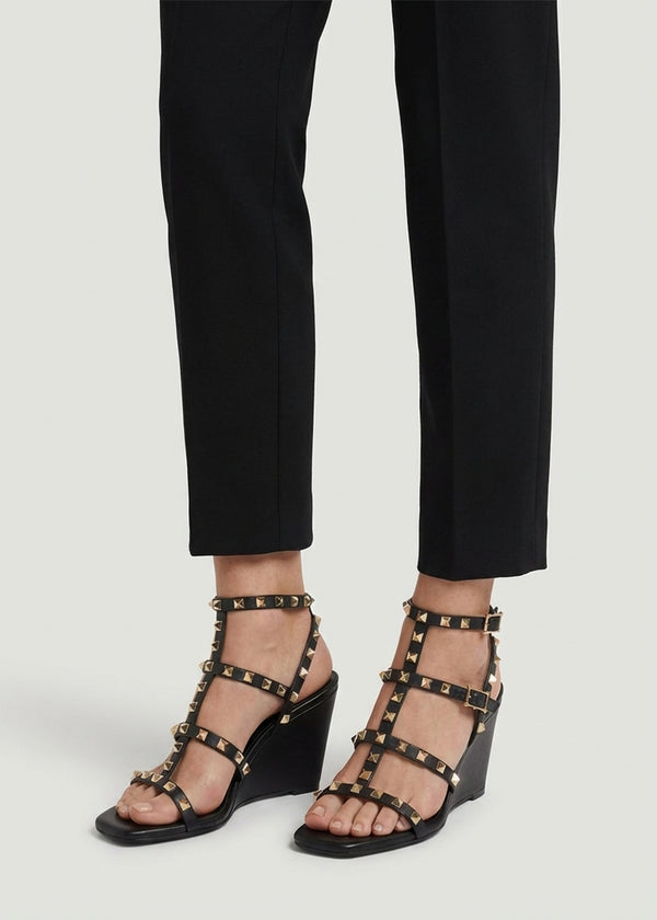 Pittedge Black Leather Studded Wedge Sandals