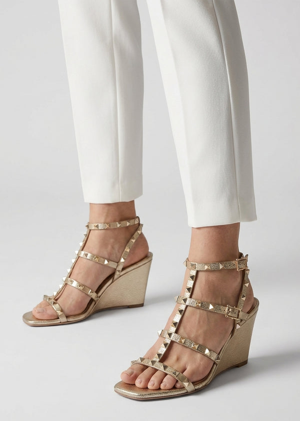 Pittedge Gold Leather Studded Wedge Sandals