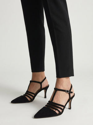Sade Black Suede T Bar Heeled Court Shoes
