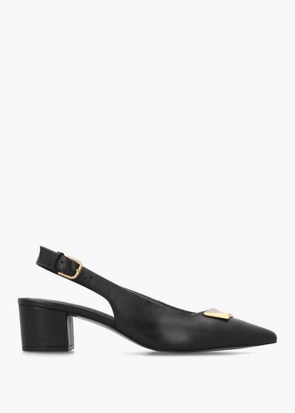 Bliss Crescent Black Leather Block Heeled Sling Backs