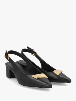 Bliss Crescent Black Leather Block Heeled Sling Backs