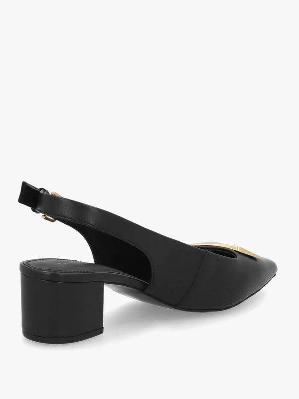 Bliss Crescent Black Leather Block Heeled Sling Backs