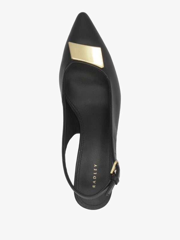 Bliss Crescent Black Leather Block Heeled Sling Backs