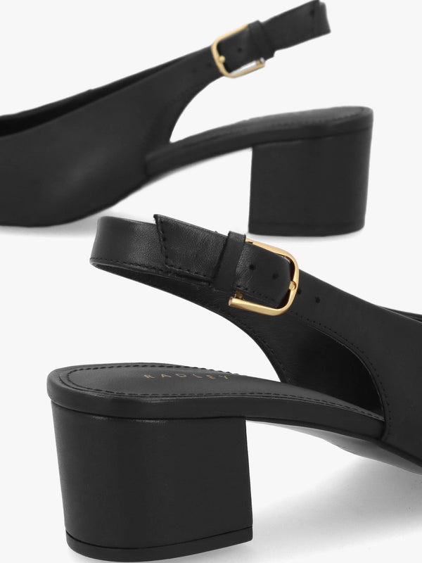 Bliss Crescent Black Leather Block Heeled Sling Backs