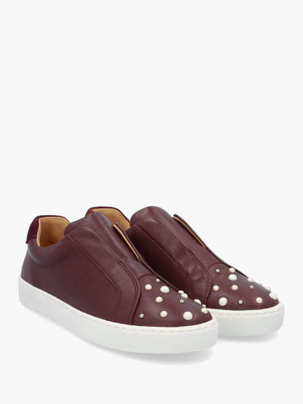 Pear Laceless Embellished Burgundy Leather Trainers