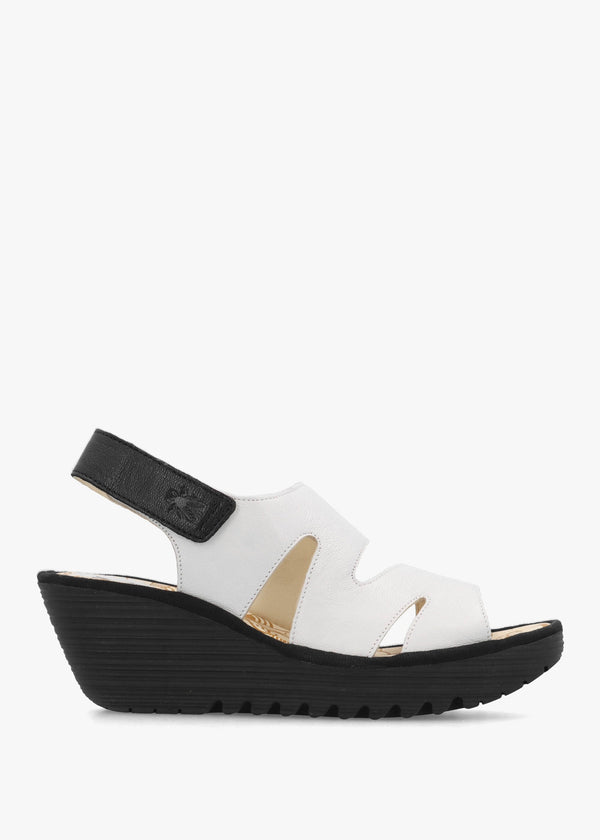 Yaad White & Black Leather Wedge Sandals