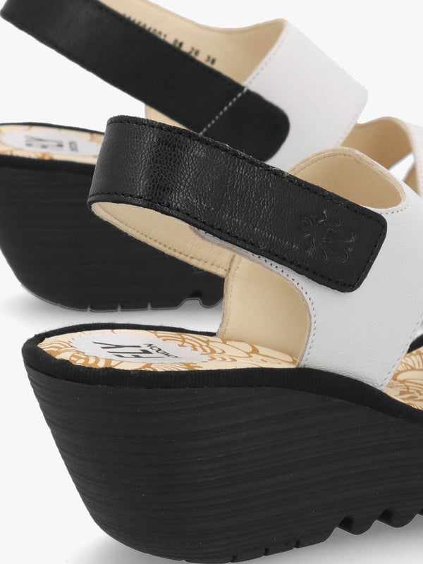 Yaad White & Black Leather Wedge Sandals