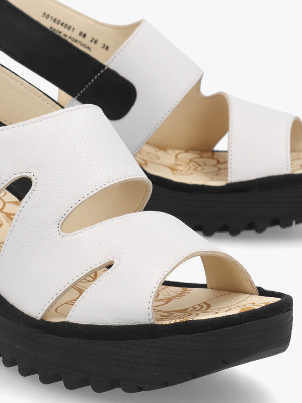 Yaad White & Black Leather Wedge Sandals