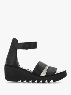 Bono II Black Leather Mid Wedge Sandals