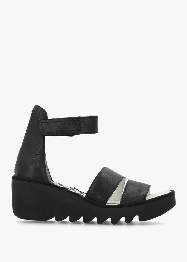 Bono II Black Leather Mid Wedge Sandals