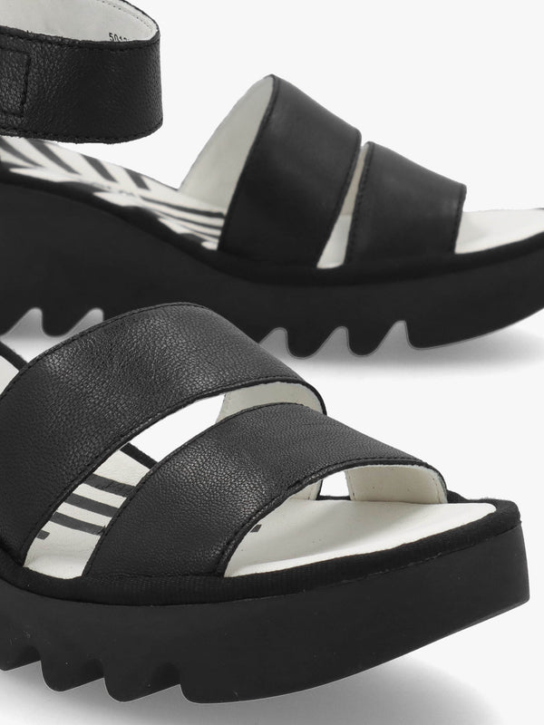 Bono II Black Leather Mid Wedge Sandals
