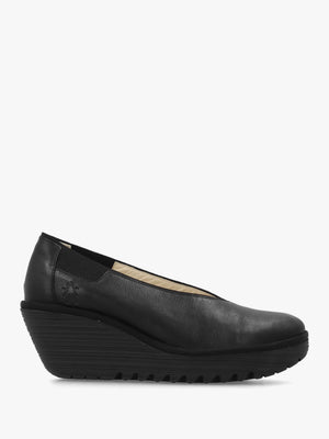 Yoza Black Leather Wedge Court Shoes