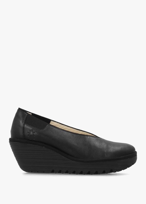 Yoza Black Leather Wedge Court Shoes