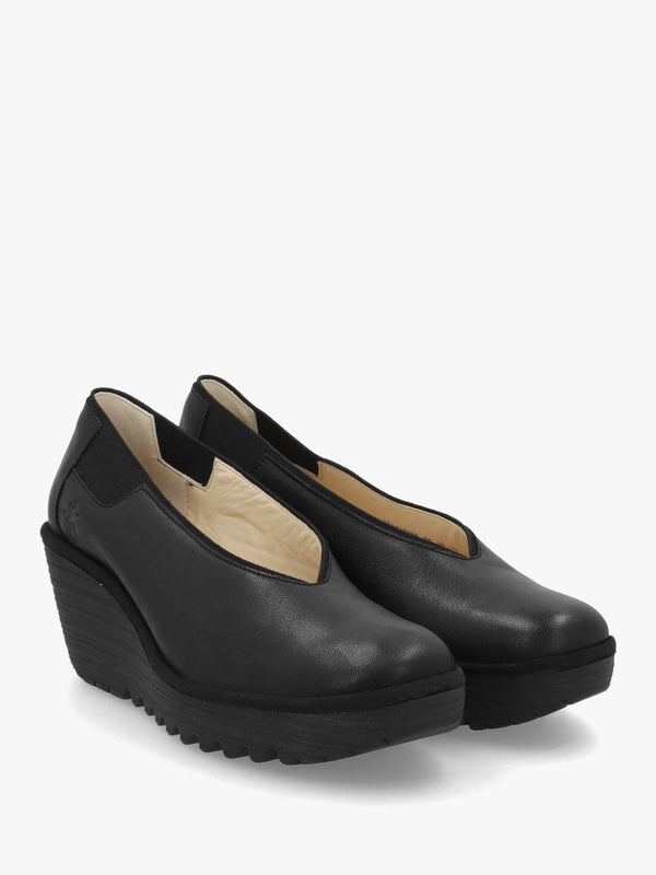 Yoza Black Leather Wedge Court Shoes