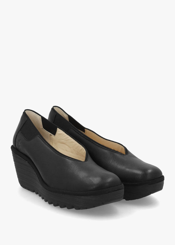 Yoza Black Leather Wedge Court Shoes