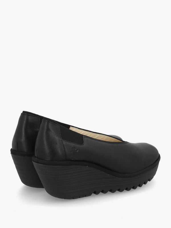 Yoza Black Leather Wedge Court Shoes