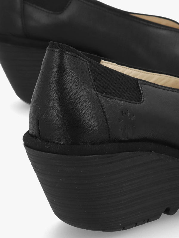 Yoza Black Leather Wedge Court Shoes