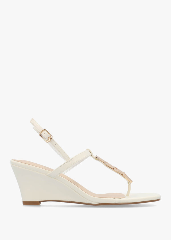 Yoko Cream Gold Trim Toe Post Mid Wedge Sandals