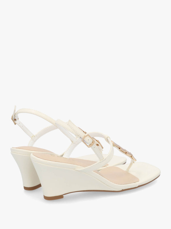 Yoko Cream Gold Trim Toe Post Mid Wedge Sandals