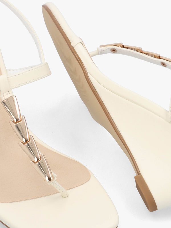 Yoko Cream Gold Trim Toe Post Mid Wedge Sandals