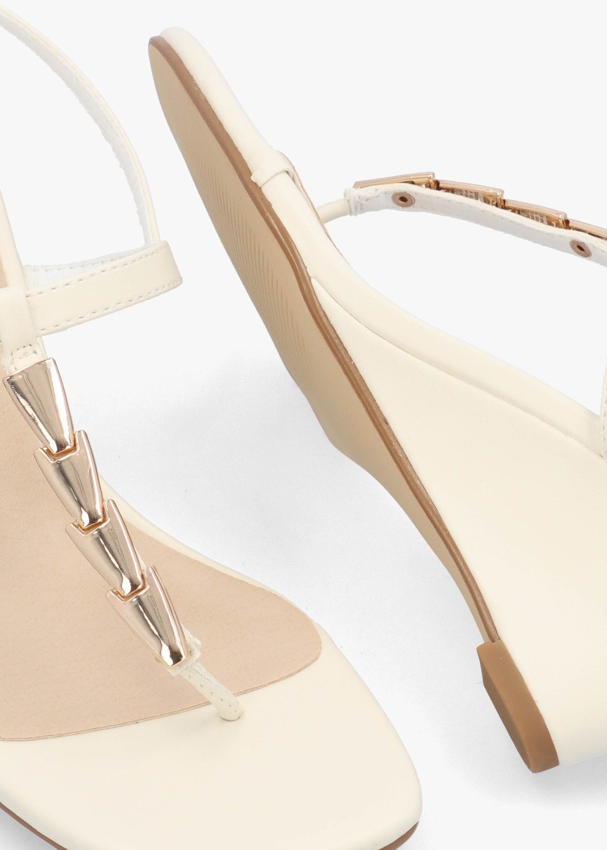 Yoko Cream Gold Trim Toe Post Mid Wedge Sandals