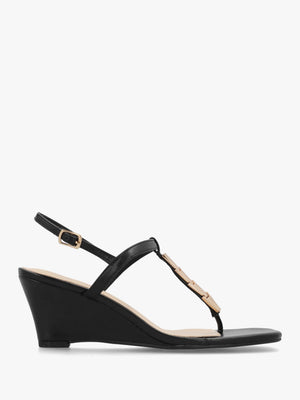Yoko Black Gold Trim Toe Post Mid Wedge Sandals