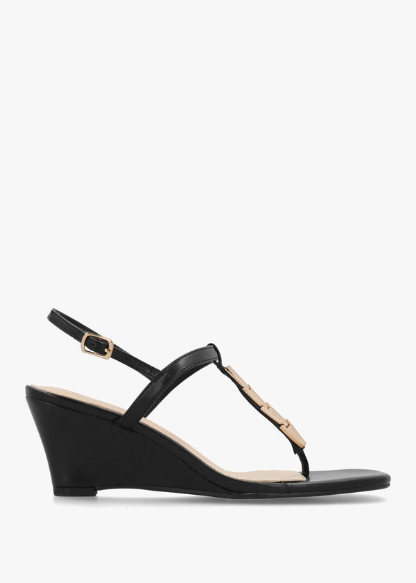 Yoko Black Gold Trim Toe Post Mid Wedge Sandals