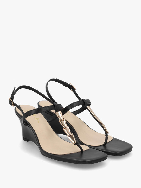 Yoko Black Gold Trim Toe Post Mid Wedge Sandals