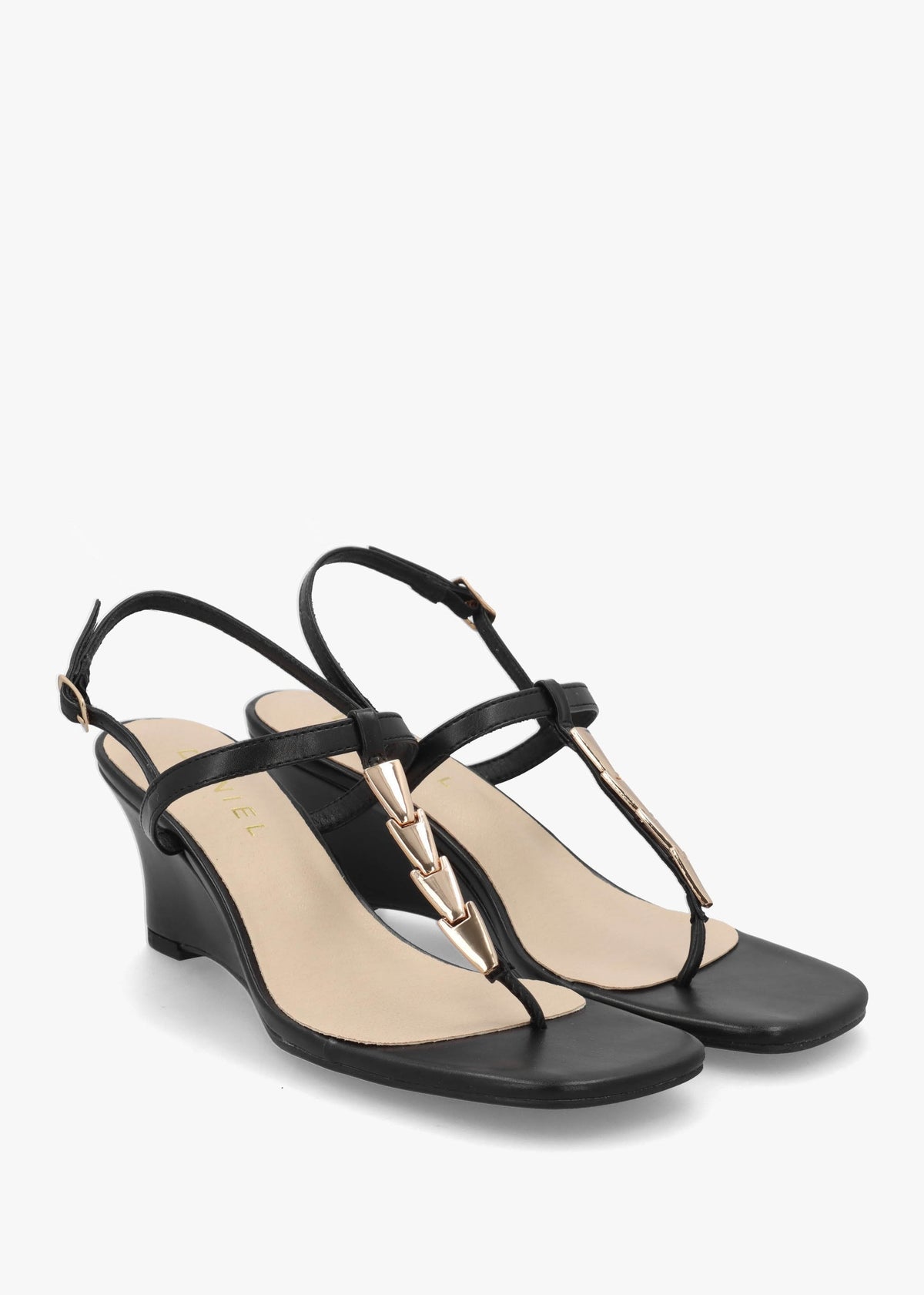 Yoko Black Gold Trim Toe Post Mid Wedge Sandals
