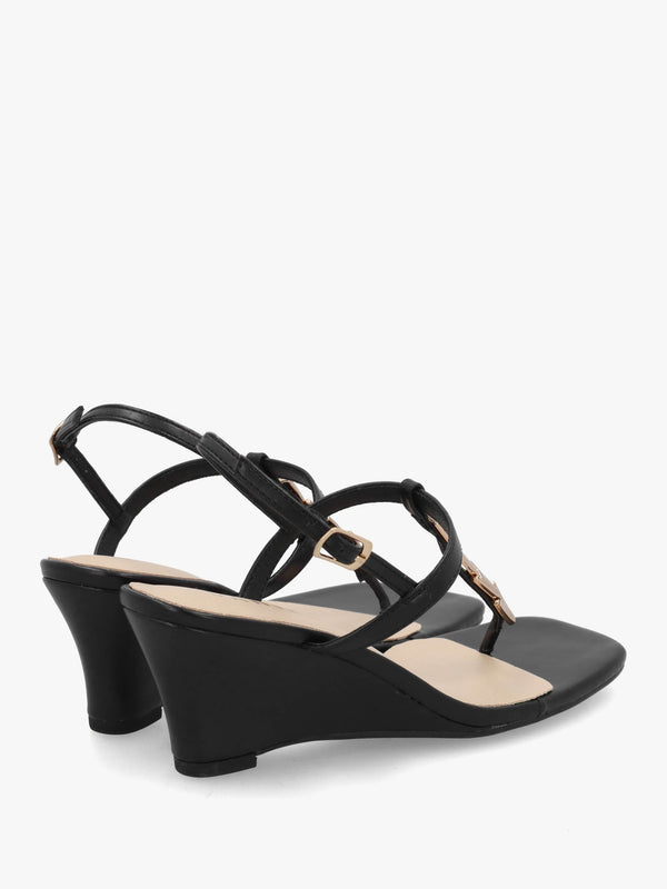 Yoko Black Gold Trim Toe Post Mid Wedge Sandals