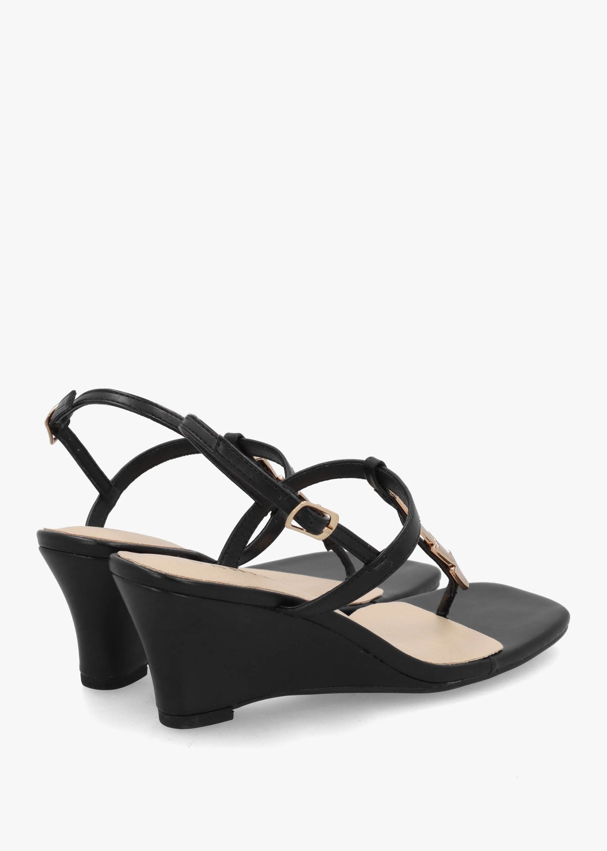 Yoko Black Gold Trim Toe Post Mid Wedge Sandals