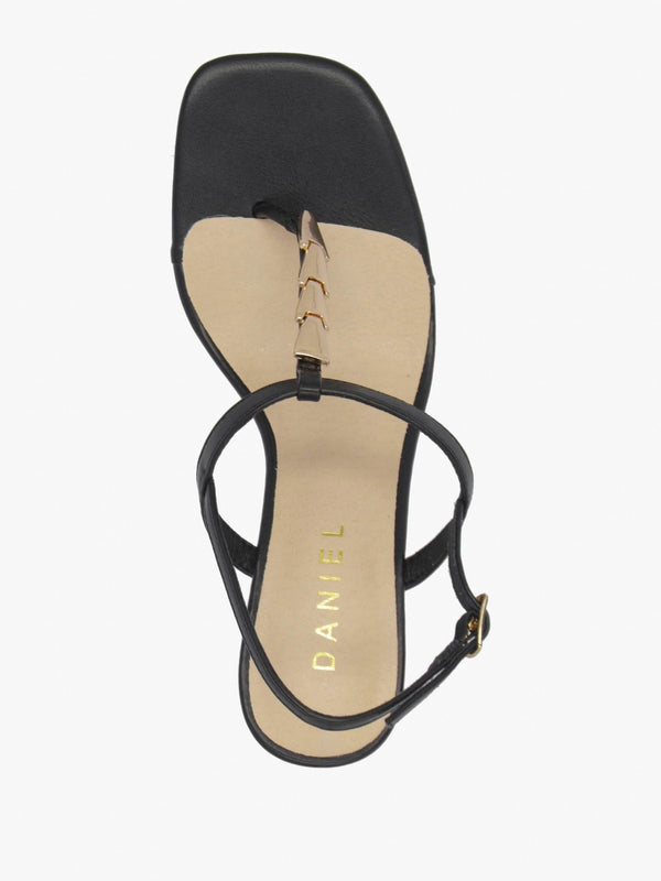 Yoko Black Gold Trim Toe Post Mid Wedge Sandals