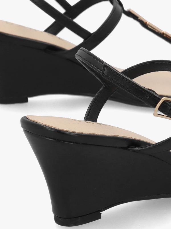 Yoko Black Gold Trim Toe Post Mid Wedge Sandals