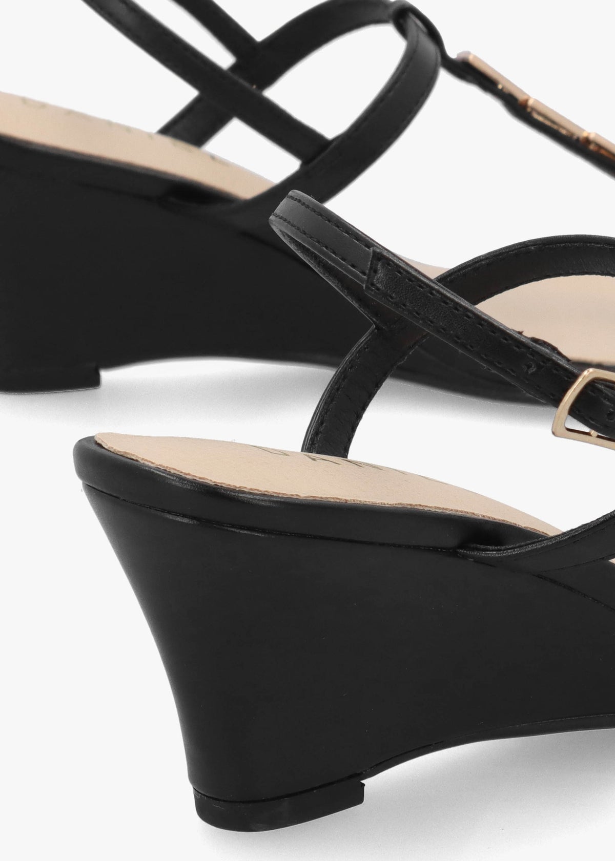 Yoko Black Gold Trim Toe Post Mid Wedge Sandals