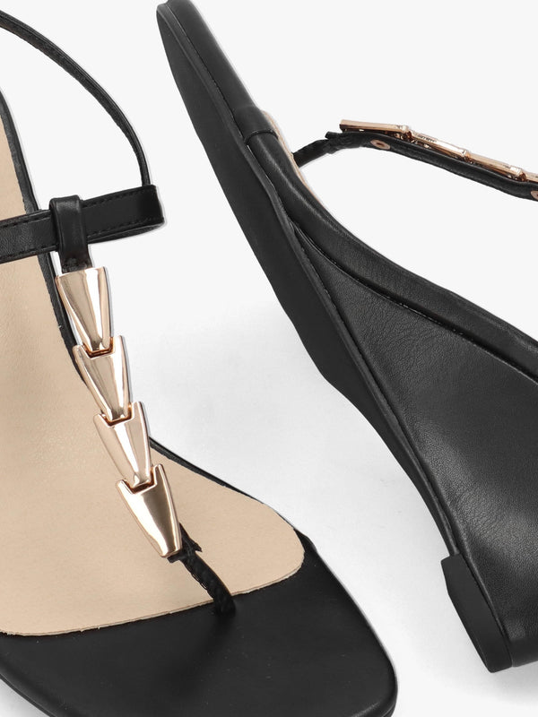 Yoko Black Gold Trim Toe Post Mid Wedge Sandals