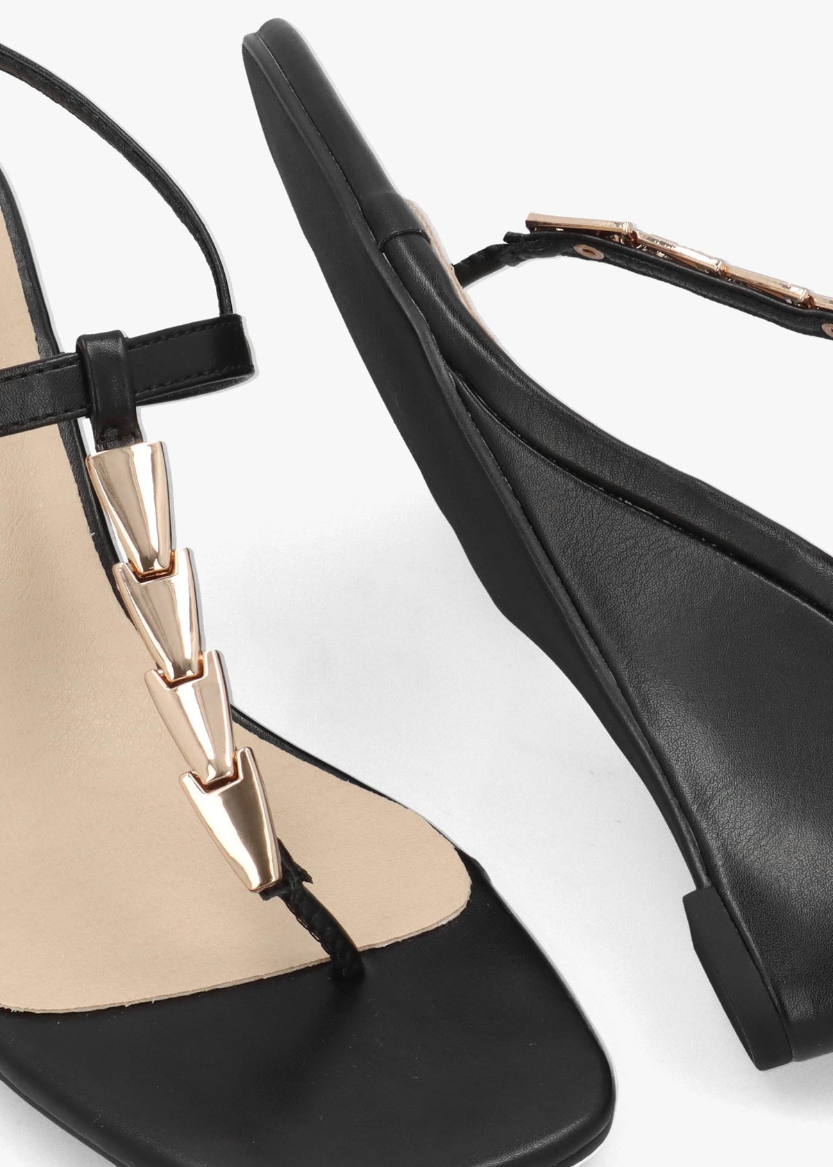 Yoko Black Gold Trim Toe Post Mid Wedge Sandals