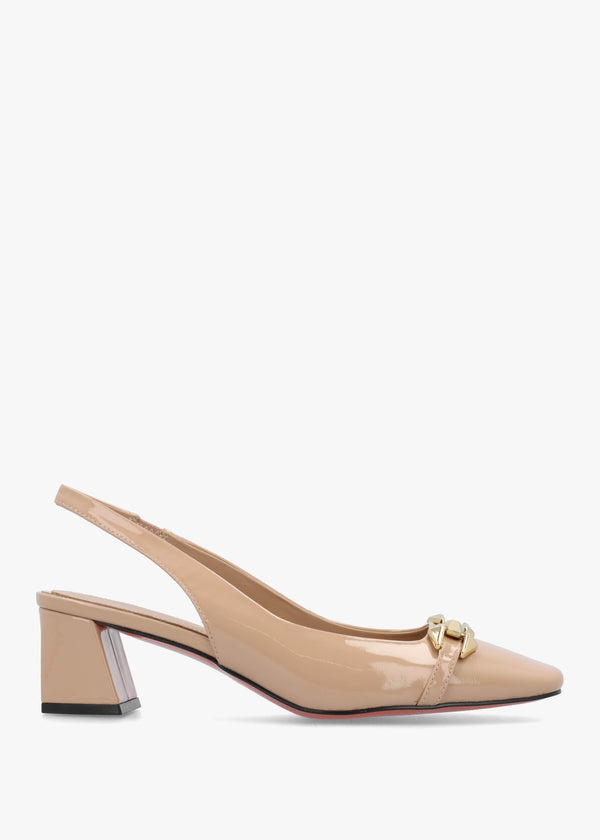 Sachay Nude Patent Leather Sling Back Court Shoes