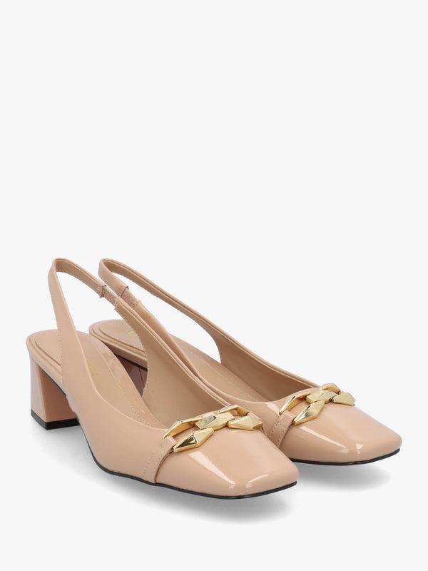 Sachay Nude Patent Leather Sling Back Court Shoes