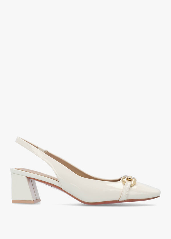Sachay Cream Patent Leather Sling Back Court Shoes