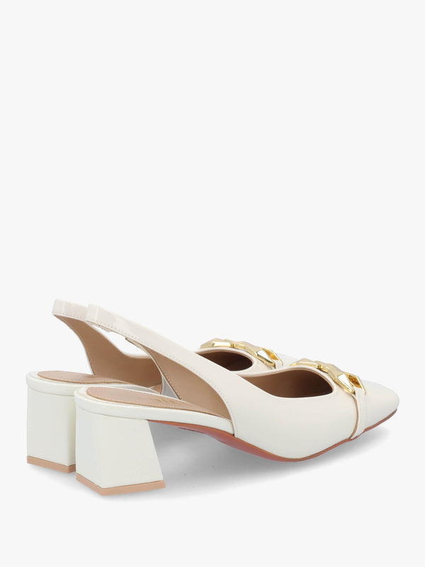 Sachay Cream Patent Leather Sling Back Court Shoes