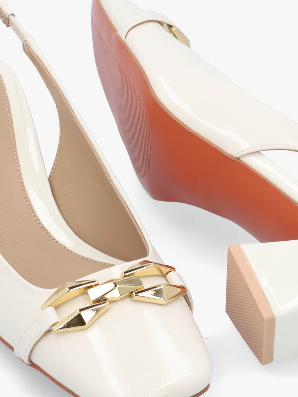 Sachay Cream Patent Leather Sling Back Court Shoes
