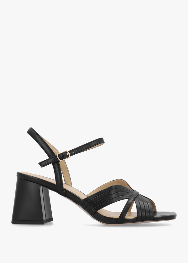 Savery Black Leather Mid-Block Heel Sandals