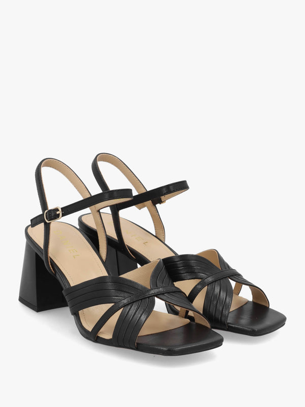 Savery Black Leather Mid-Block Heel Sandals