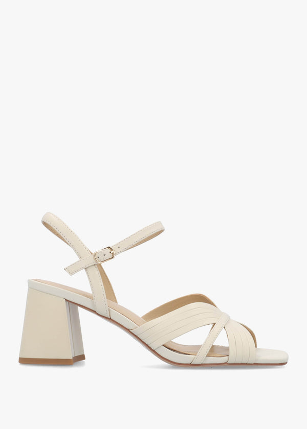 Savery Cream Leather Mid-Block Heel Sandals