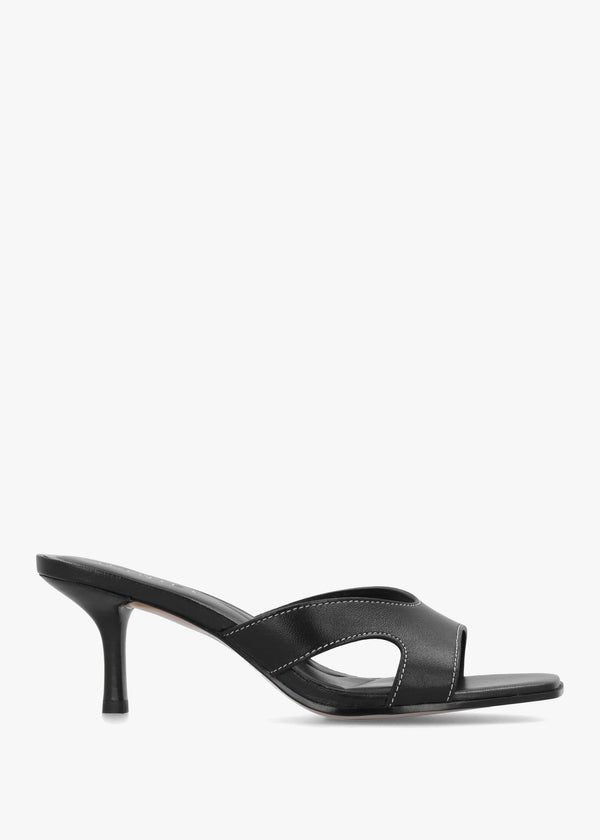 Sule Black Leather Mid Heel Mules