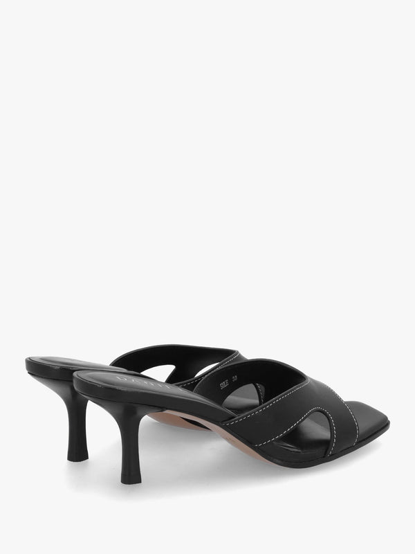 Sule Black Leather Mid Heel Mules